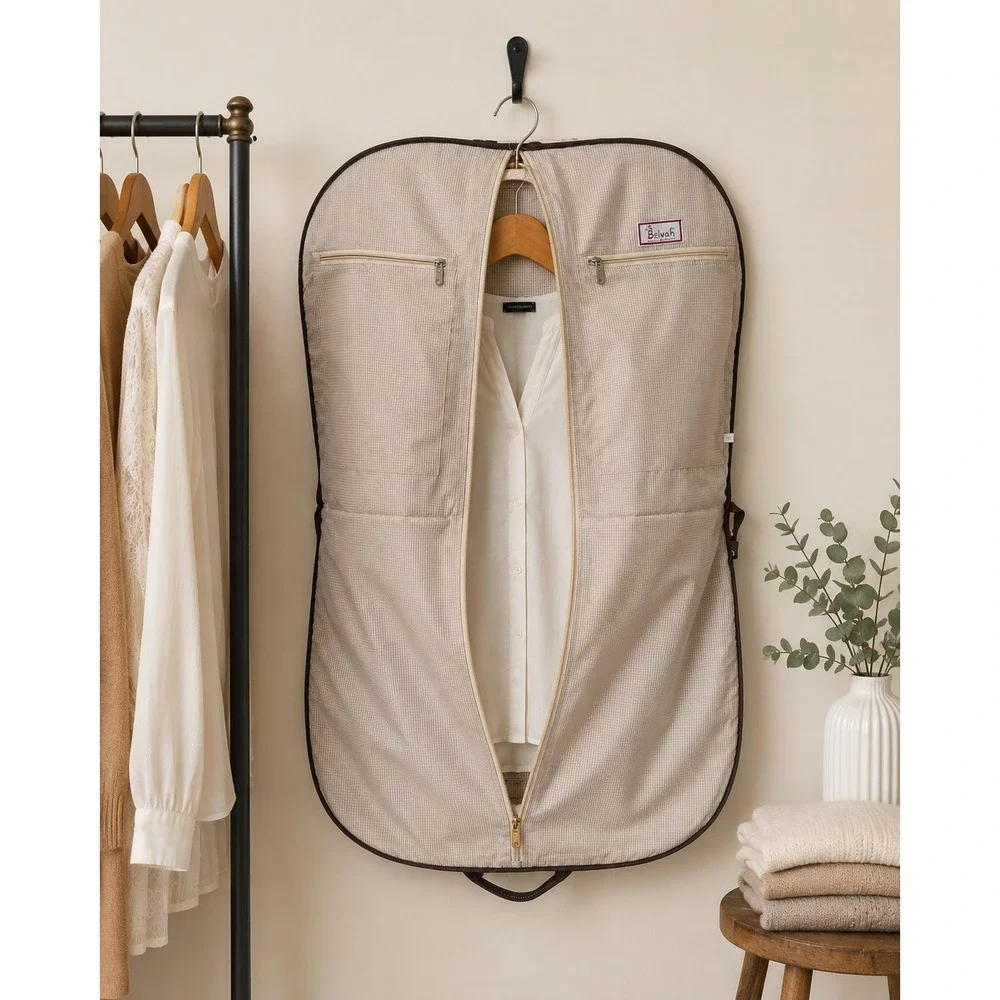 Belvah Quilted Garment Bag‎ Brown Cream Damask Travel Suit Cover with Bow Detail